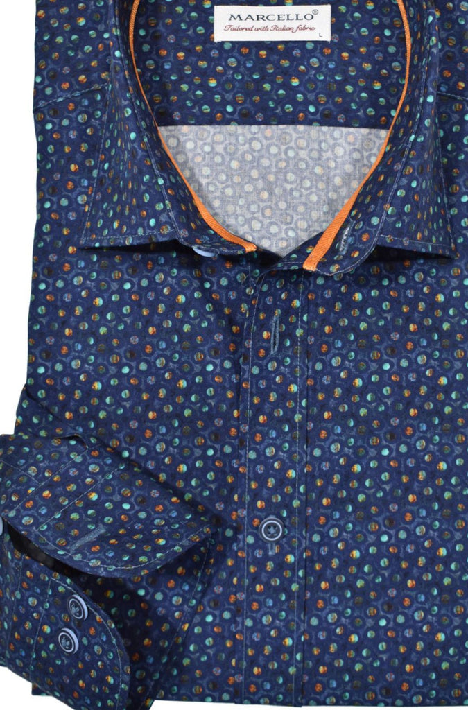 Be an on-trend trendsetter with this soft, navy cotton shirt! Featuring a striking circle marble print and vibrant orange piping, plus carefully matched custom buttons, this classic-cut garment is the perfect partner to any denim. by Marcello