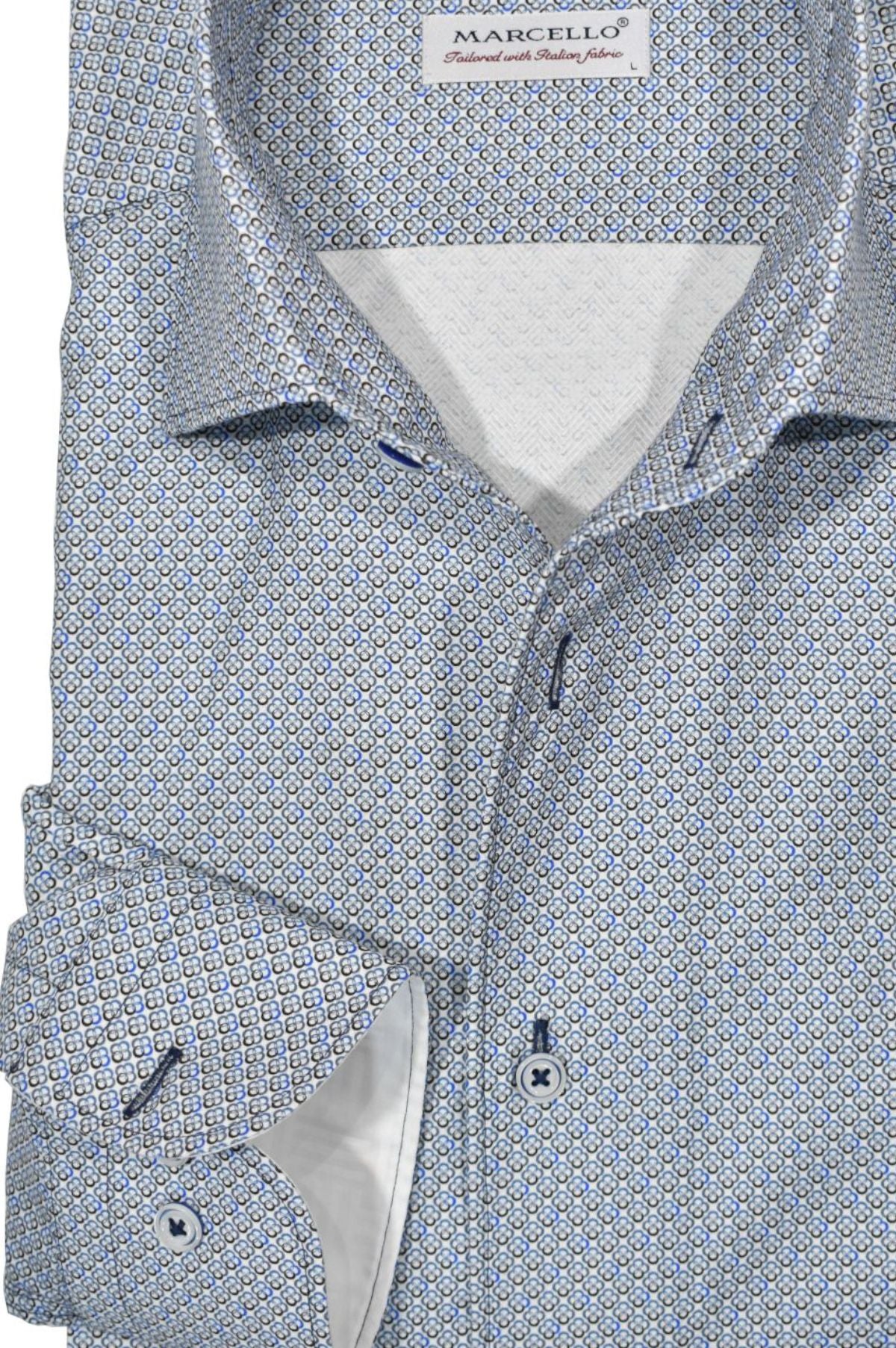 Delicately crafted with a combination of soft cotton fabric and Marcello's signature open roll collar, this piece features a sophisticated clover print in blue, tan and black, as well as custom hand-selected buttons and a timeless silhouette. The neat pattern exudes a fashion statement while remaining truly classic in nature. Classic shaped fit.
