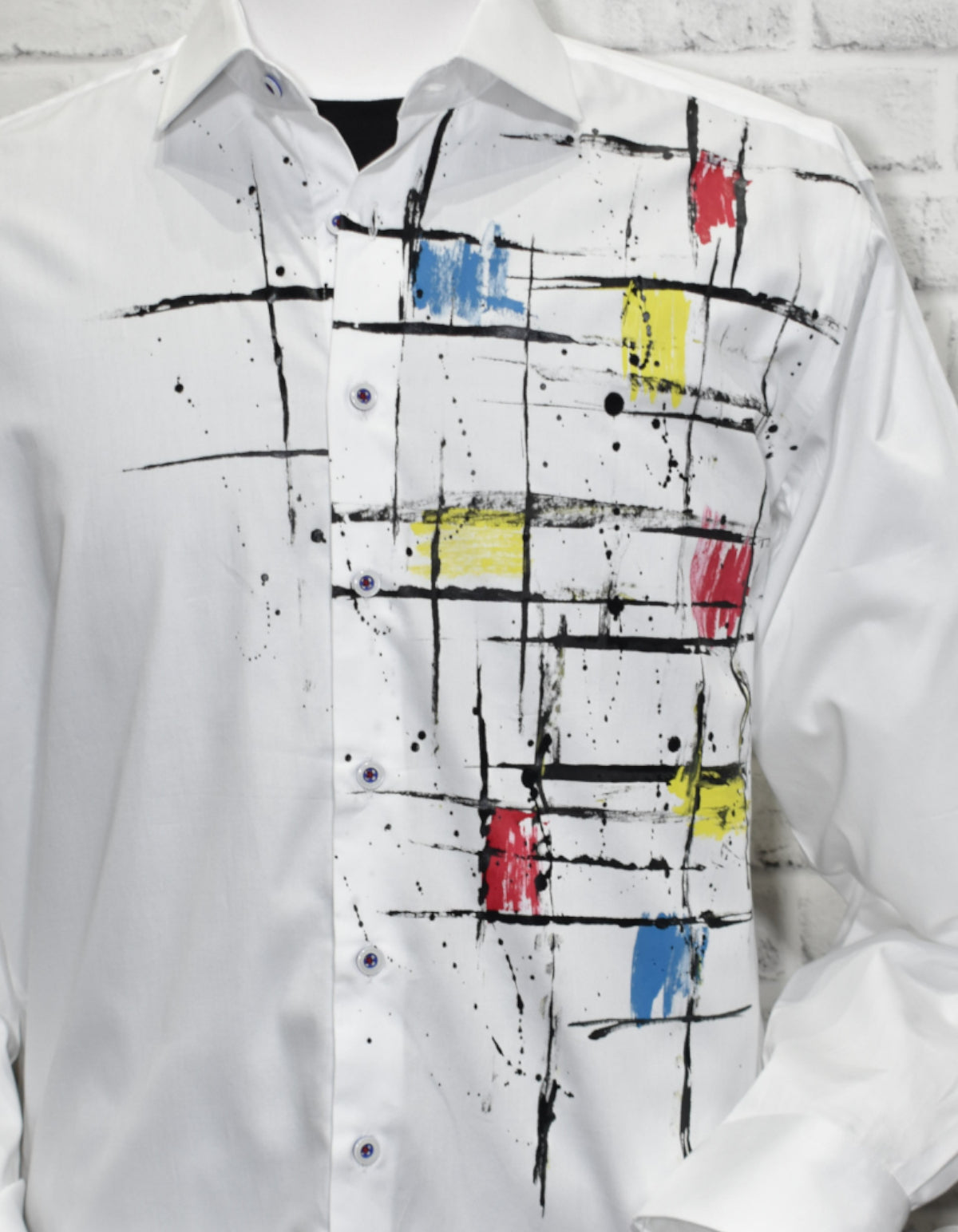 Experience luxe style with the W738P Hand Painted Geoshirt! Crafted with rich white cotton sateen fabric and featuring a custom hand painted abstract geometric pattern, this shirt stands out from the rest. With a classic shaped fit for a timeless look, this unique design is an exclusive to Marcello. 