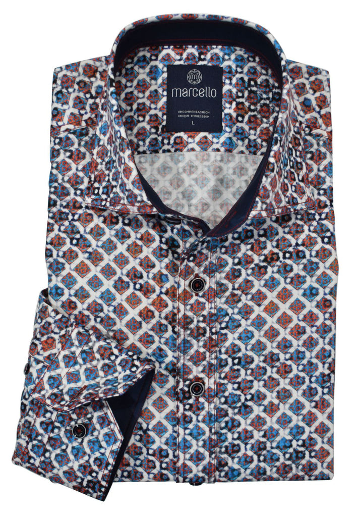 Experience style and soft comfort with the W758 Diamond Mosaic Sport Shirt. Featuring jewel tones in an understated diamond pattern, this shirt is constructed with soft cotton fabric for a fashionable yet modest image. Double track stitch detailing, custom buttons, and classic trim fabric add subtle flair that can easily be dressed up or down. Classic shaped fit.