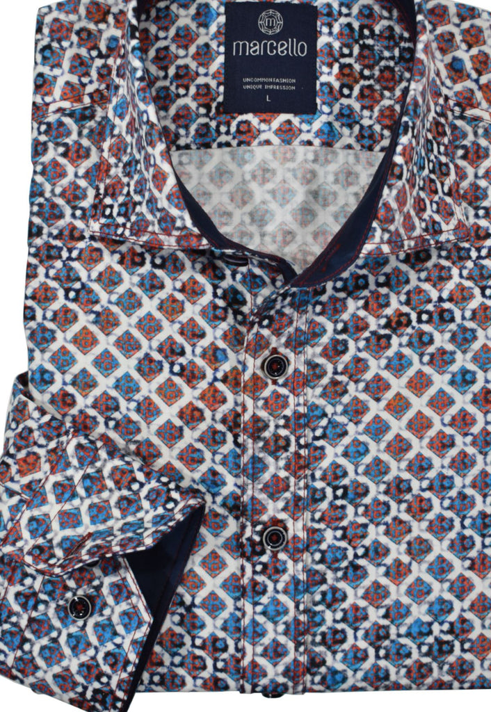 Experience style and soft comfort with the W758 Diamond Mosaic Sport Shirt. Featuring jewel tones in an understated diamond pattern, this shirt is constructed with soft cotton fabric for a fashionable yet modest image. Double track stitch detailing, custom buttons, and classic trim fabric add subtle flair that can easily be dressed up or down. Classic shaped fit.