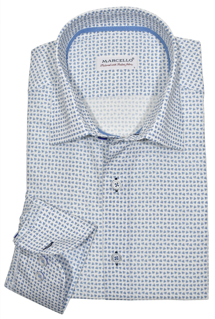 Light weight soft cotton fashioned with a two color mini diamond pattern. The image is a traditional style with trendy flair. Medium collar and classic shaped fit. Its traditional design and high-quality materials make this shirt a great choice for both everyday comfort and special occasions.