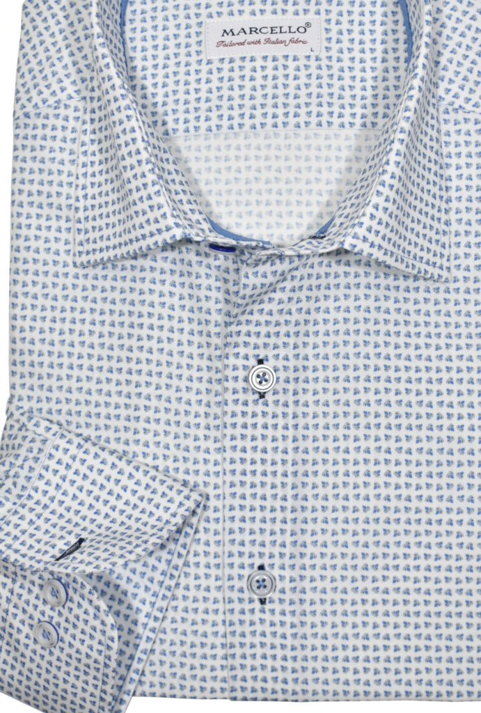 Light weight soft cotton fashioned with a two color mini diamond pattern. The image is a traditional style with trendy flair. Medium collar and classic shaped fit. Its traditional design and high-quality materials make this shirt a great choice for both everyday comfort and special occasions.