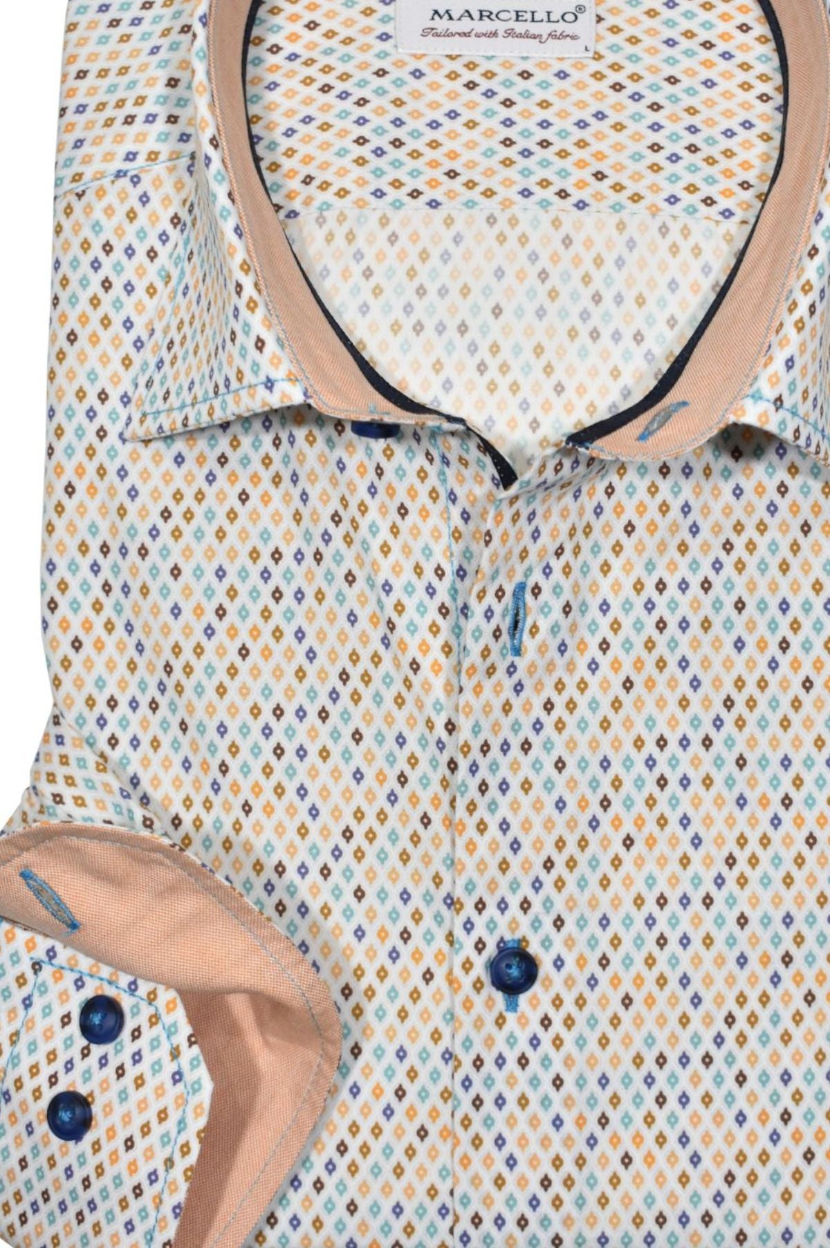 This classic cotton shirt will quickly become a wardrobe staple. Featuring vertical geometric diamonds in multiple colors, and nice accent trim fabric and contrast neck band piping, its versatility and comfort will make it your favorite go-to piece. Keep it casual and stylish all at once!