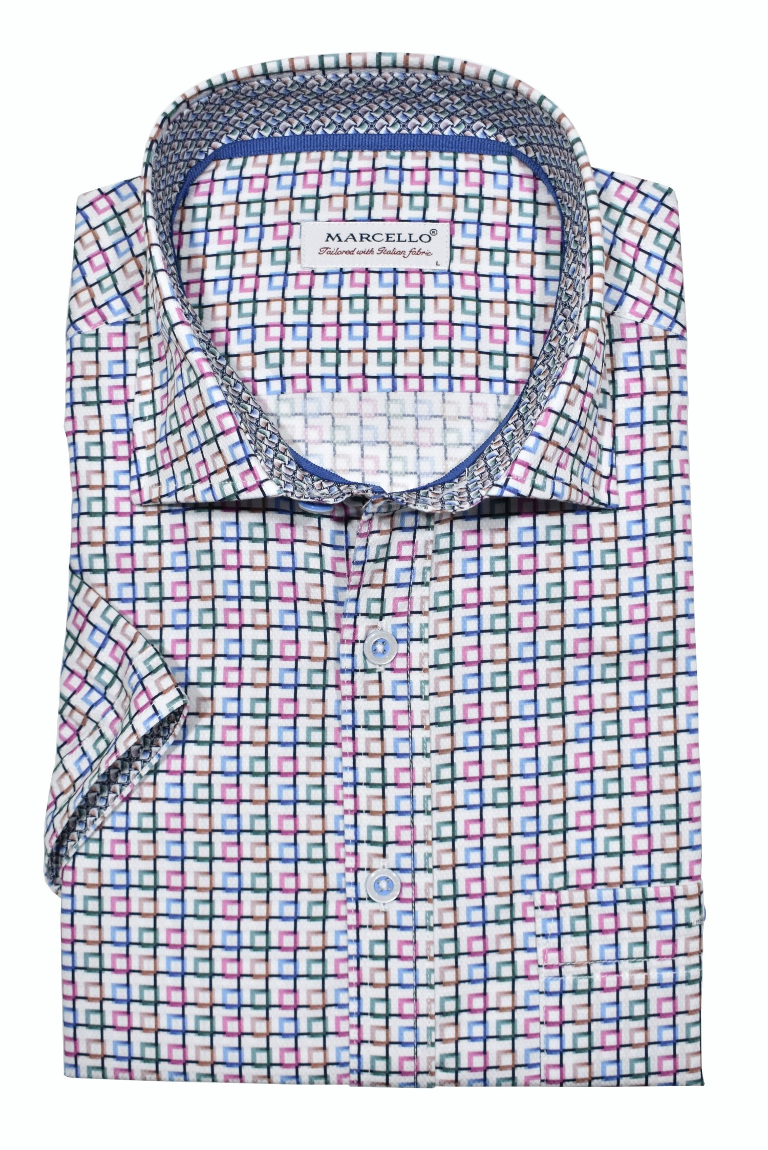 Luxurious cotton fabric, eye-catching open square pattern in beautiful gem hue colors. Elegant style ideal for any event. Short sleeve Marcello Shirt.