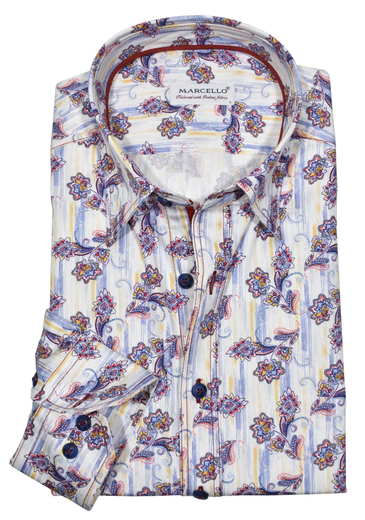 Luxurious cotton fabric, eye-catching open multi color floral pattern in beautiful gem hue colors creates a uniquely outstanding sport shirt. Elegant style ideal for any event. It's the perfect way to add a touch of sophistication to any outfit. Shirt by Marcello.