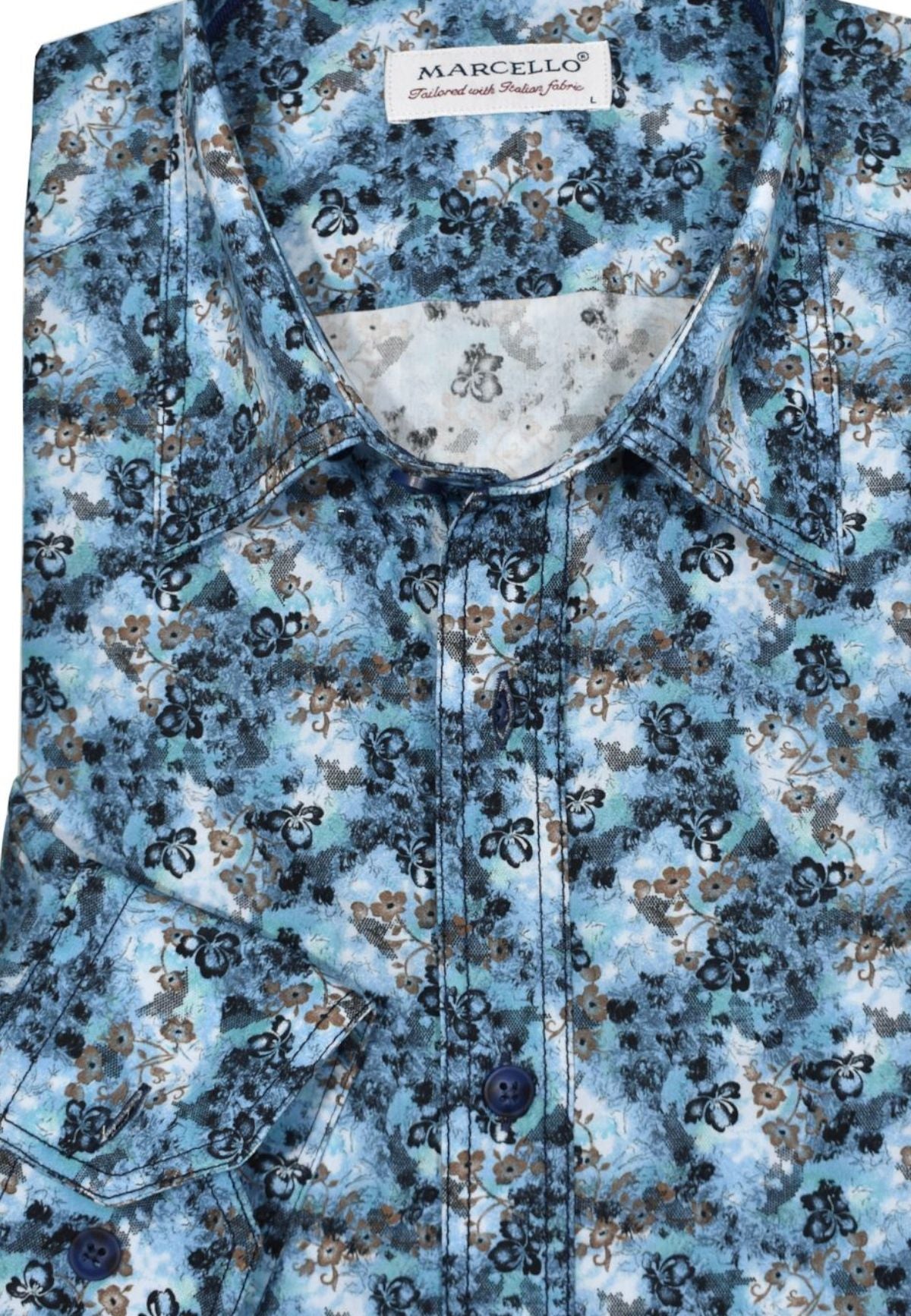 You'll be transfixed by the beauty of this abstract print shirt. Rich ocean tropical colors with an accent mocha floral and contrast double track stitch detailing create an unforgettable look. Plus, the matched buttons and contrast neck tape complete the look. Shirt by Marcello.