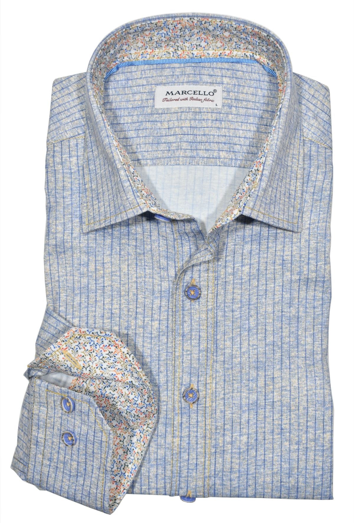 Our W802 Boardwalk shirt is the ultimate lightweight comfort. Perfect for hot days, it features a soft maize melange ground with a subtle medium blue over print and stripe. The shirt also features cool trim fabric, perfectly matched buttons, and contrast color stitch detailing for an extra touch of style. Enjoy effortless summer comfort with this must-have seasonal essential. Shirt by Marcello.