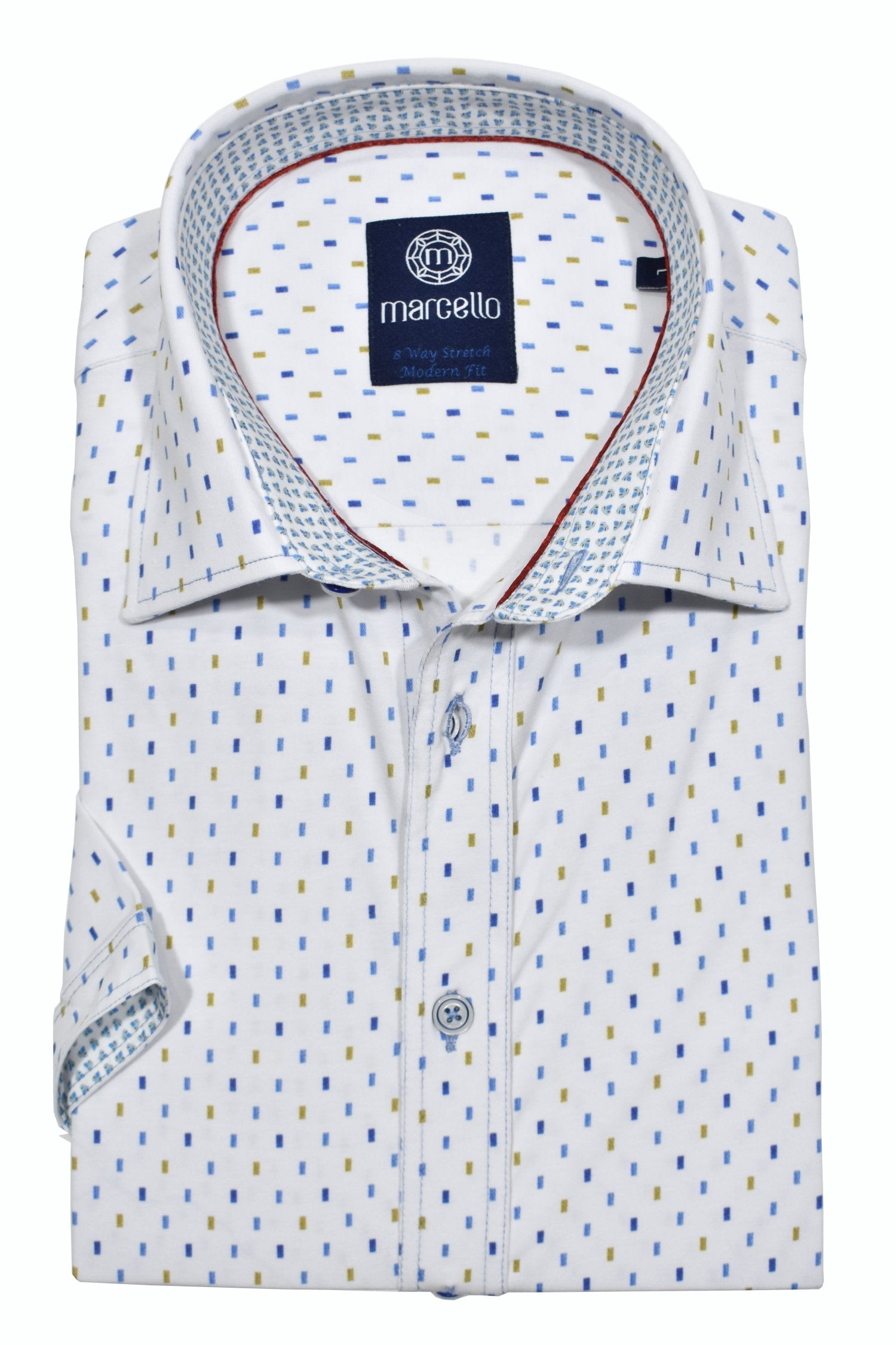 Sometimes a simple and clean pattern is just what is needed. The Marcello W804S Chiclet shirt features a clean pattern that works well with shorts, pants or jeans. Custom detailing and a soft cotton fabric, along with signature double track contrast stitch work completes the look.