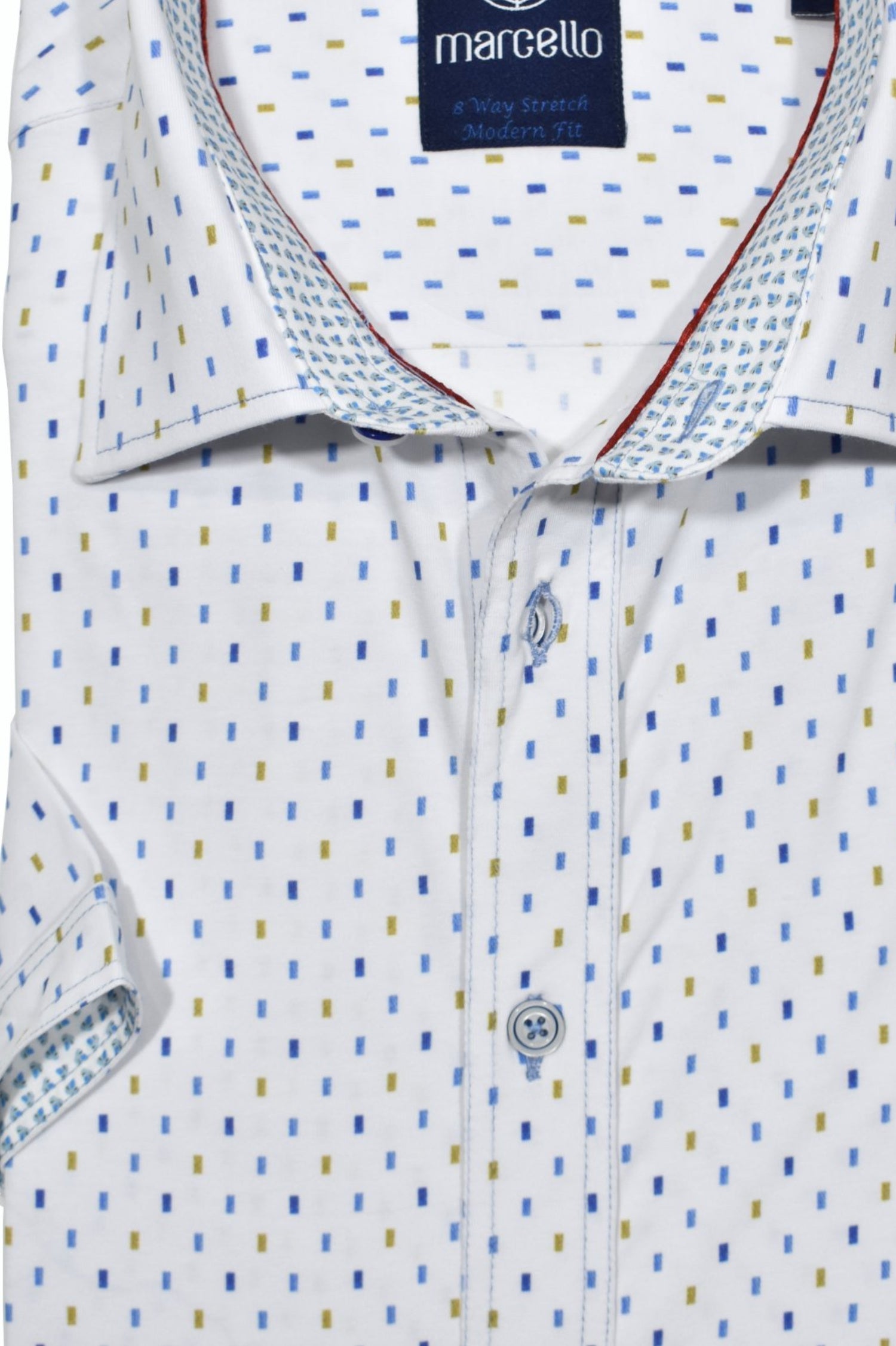 Sometimes a simple and clean pattern is just what is needed. The Marcello W804S Chiclet shirt features a clean pattern that works well with shorts, pants or jeans. Custom detailing and a soft cotton fabric, along with signature double track contrast stitch work completes the look.