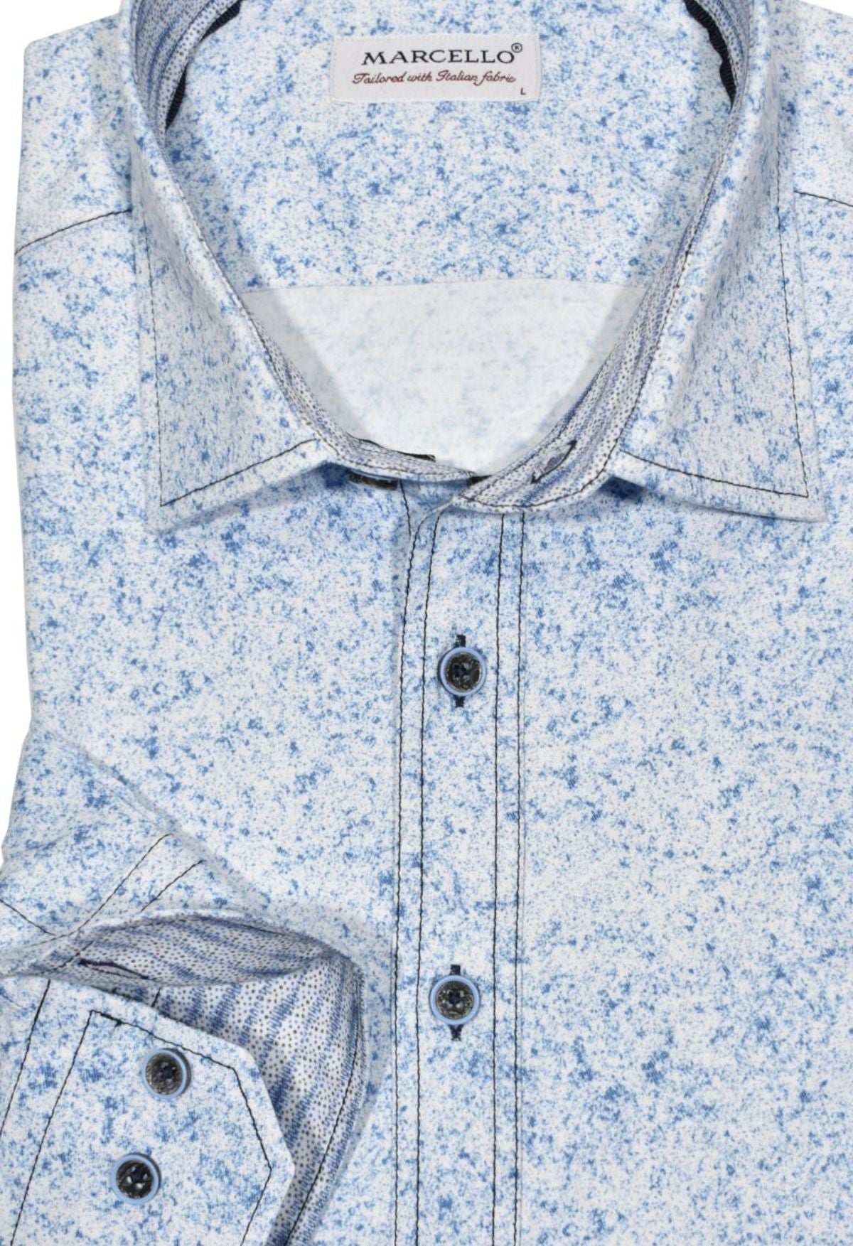 Feel relaxed and ready to take on the day with our W806 Soft Sky Print Shirt. Its abstract pattern is designed to look like a clear blue sky on a perfect day, bringing a sense of serenity to your wardrobe. The muted blue shades make it easy to pair with your favorite trousers and jeans, while double track contrast stitching, custom buttons, and matched trim fabric enhance the crisp look. Shirt by Marcello.
