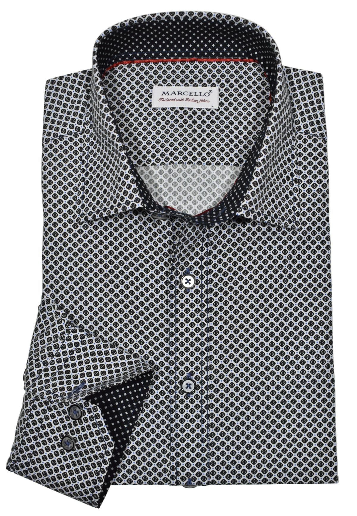 Crafted from soft cotton for an ultra-luxe feel, the unique roll collar stands perfect and looks great alone or under a sport coat. Timeless black and royal dice pattern over a crisp white ground. Elevate your look with contrast stitching, custom buttons and matched trim fabric.  Roll collar shirt by Marcello.