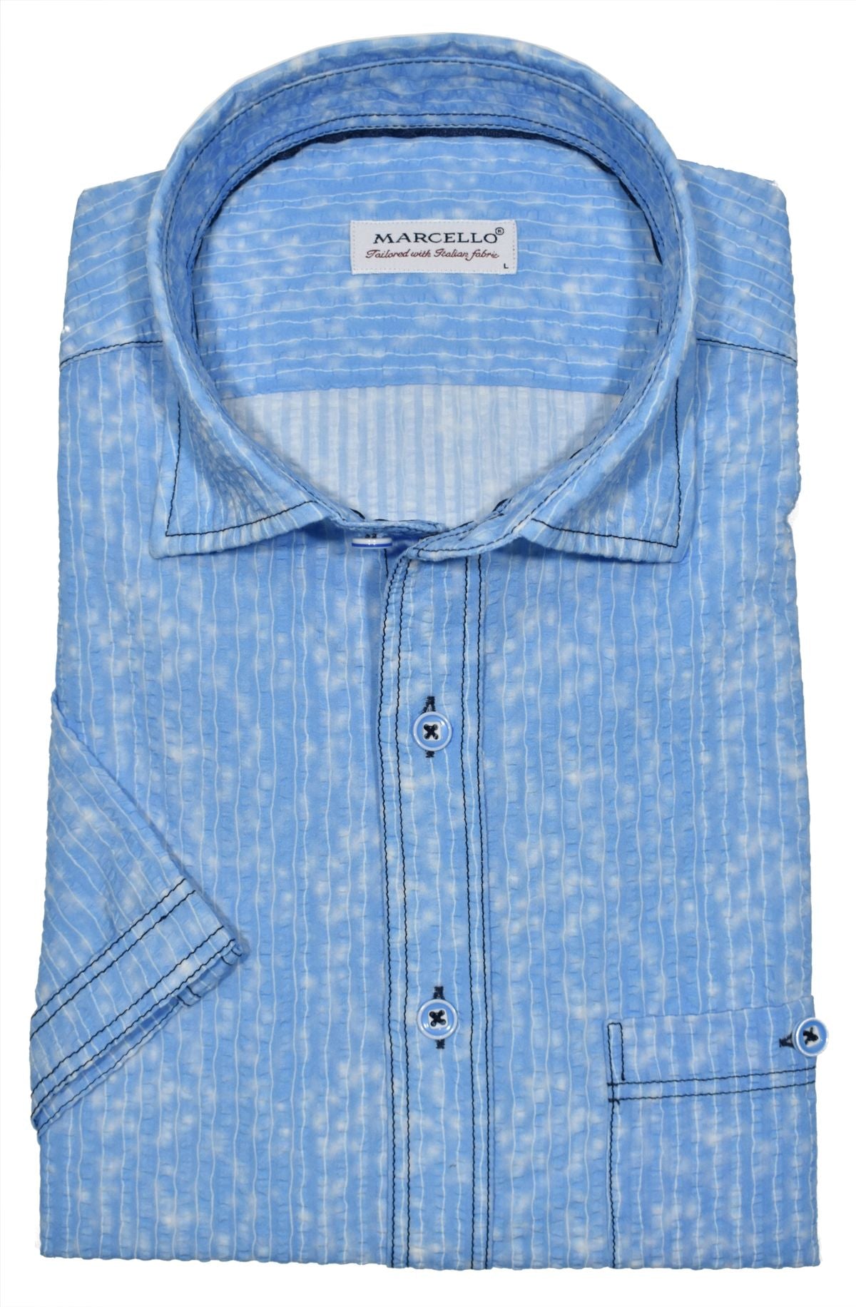 Stay cool and stylish in the W821S Sky Seersucker shirt. Made from lightweight, seersucker fabric, this short-sleeved model comes in a soft blue hue with shades of white. Contrast navy stitching and a classic chest pocket provide the perfect trendy touch, while custom-matched buttons keep you looking sharp.