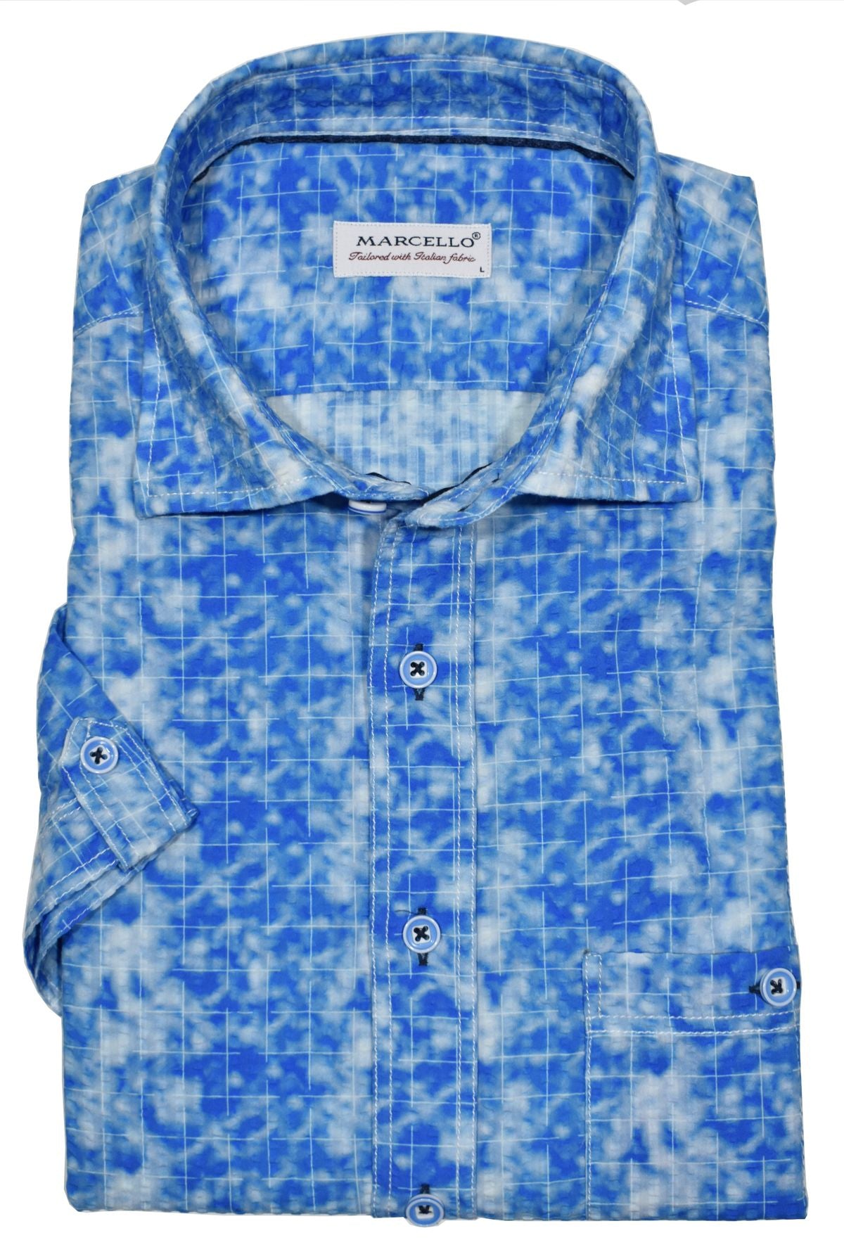 Stay cool and stylish in the W822S Royal Seersucker shirt. Made from lightweight, seersucker fabric, this short-sleeved model comes in a royal blue hue with shades of white and a white windowpane pattern. Tonal white stitching and a classic chest pocket provide the perfect trendy touch, while custom-matched buttons keep you looking sharp.