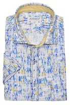 Look effortlessly stylish and sophisticated with this W826S Abstract Cotton Linen Print. Crafted with a blend of soft cotton and linen, it offers the classic linen look without the wrinkling. Featuring an abstract blue and maize pattern, it's finished with custom buttons, trim fabric and a soft trend collar for an elegant touch. Cotton linen shirt by Marcello.