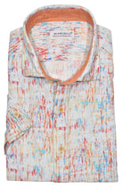 Look effortlessly stylish and sophisticated with this W829S Mango Abstract Cotton Linen Print. Crafted with a blend of soft cotton and linen, it offers the classic linen look without the wrinkling. Featuring an abstract mango, red and hint of aqua pattern, it's finished with custom buttons, trim fabric and a soft trend collar for an elegant touch. Cotton linen shirt by Marcello.
