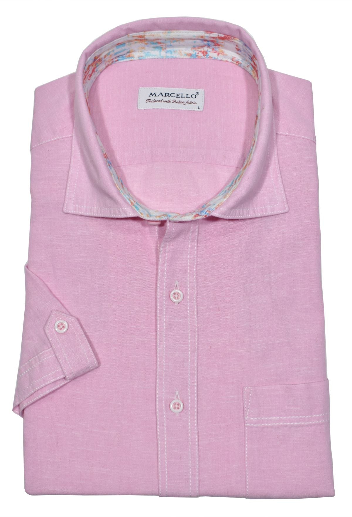 Upgrade your wardrobe with the Marcello W834S Pink Cotton Linen shirt. Experience the luxurious softness of cotton combined with the elegant linen-like appearance. With a soft collar, multi-track contrast stitching, and a classic chest pocket, this shirt is both stylish and comfortable.