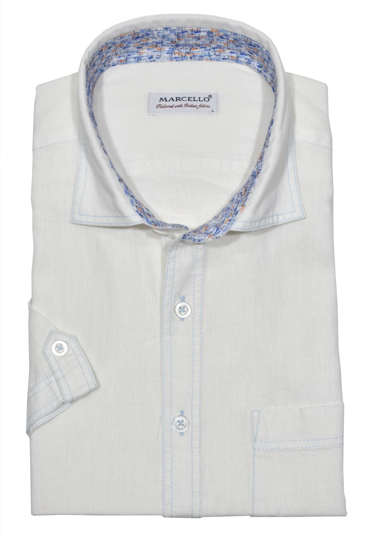 Upgrade your wardrobe with the Marcello W836S White Cotton Linen shirt. Experience the luxurious softness of cotton combined with the elegant linen-like appearance. With a soft collar, multi-track contrast stitching, and a classic chest pocket, this shirt is both stylish and comfortable.