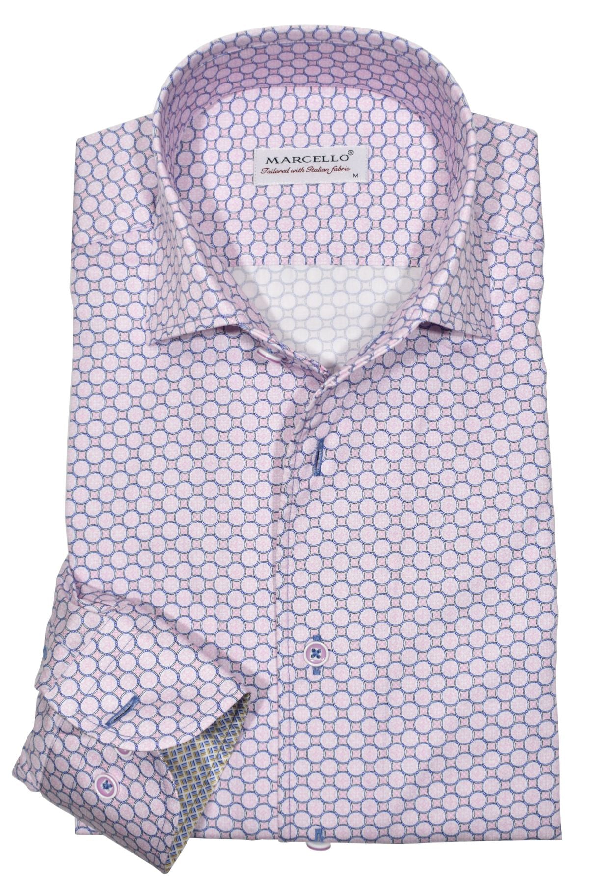 The Marcello exclusive design is like no other, creating a dignified look with a collar that stands perfectly whether worn alone or under a sport coat. Its unique placket ensures a smooth, crisp appearance.  Luxurious cotton fabric. Traditional pink tones and a navy circular pattern creates an excellent updated traditional sport shirt.