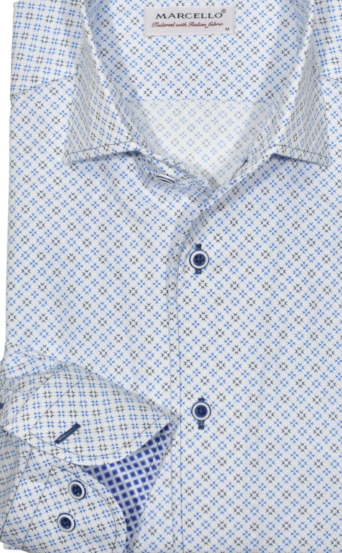 The Marcello exclusive design is like no other, creating a dignified look with a collar that stands perfectly whether worn alone or under a sport coat. Its unique placket ensures a smooth, crisp appearance.  Luxurious cotton fabric. Open medallion pattern on a textured fabric ground. Style W856R