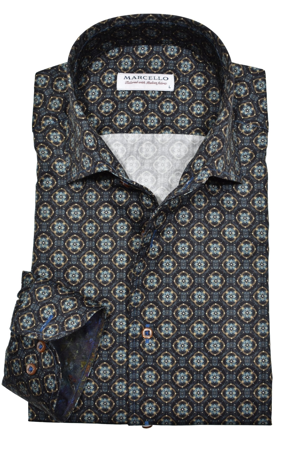 The Marcello W870 Blooming Medallion, a luxurious addition to your sport shirt collection. Made with soft cotton sateen fabric, this shirt boasts a rich chocolate ground and a beautiful floral medallion design. The Marcello one piece roll collar adds a unique touch, making it stand out from the rest.  Cotton sateen fabric.