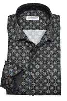 The Marcello W870 Blooming Medallion, a luxurious addition to your sport shirt collection. Made with soft cotton sateen fabric, this shirt boasts a rich chocolate ground and a beautiful floral medallion design. The Marcello one piece roll collar adds a unique touch, making it stand out from the rest.  Cotton sateen fabric.