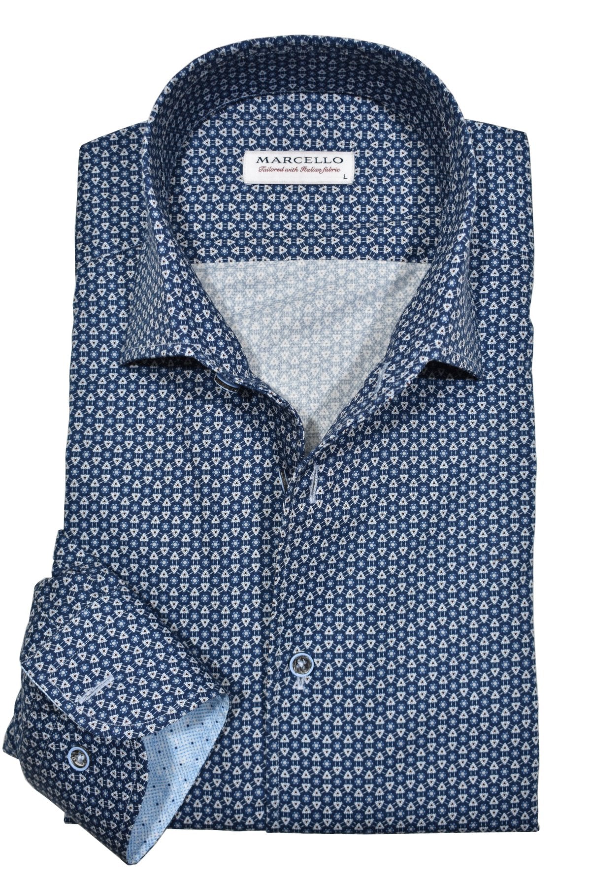 Marcello W874R Fusion Roll Collar - the perfect combination of style and versatility. This Marcello shirt features a one piece roll collar design in a vibrant navy geometric pattern. Perfect for any occasion, dress it up or down for a polished and modern look.