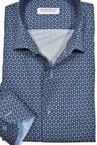 Marcello W874R Fusion Roll Collar - the perfect combination of style and versatility. This Marcello shirt features a one piece roll collar design in a vibrant navy geometric pattern. Perfect for any occasion, dress it up or down for a polished and modern look.