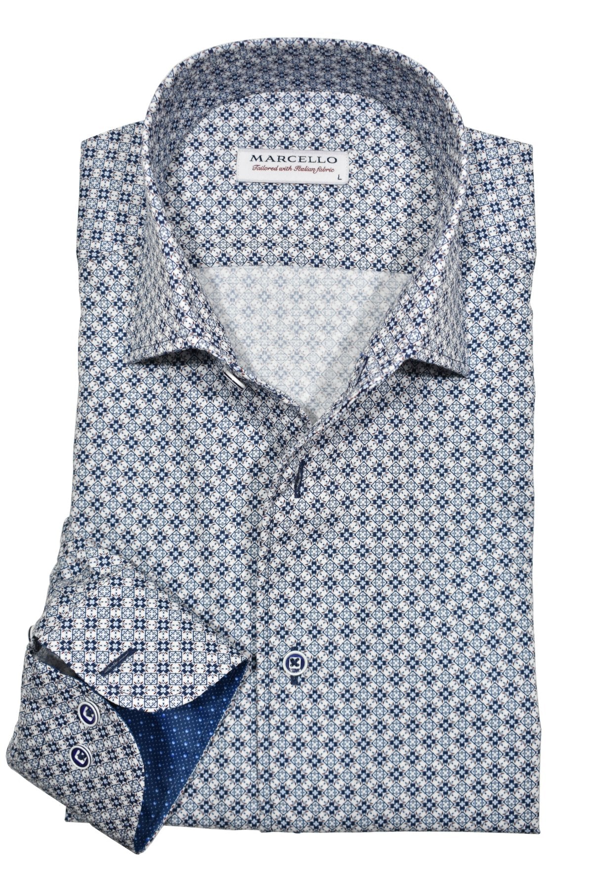 This classic medallion patterned shirt features a stylish Marcello one piece roll collar, perfect for both casual and formal occasions. The diagonal flow of the pattern adds a modern touch to this timeless look. Made from soft denim colorations and subtle blue shades, it's a must-have for any wardrobe.