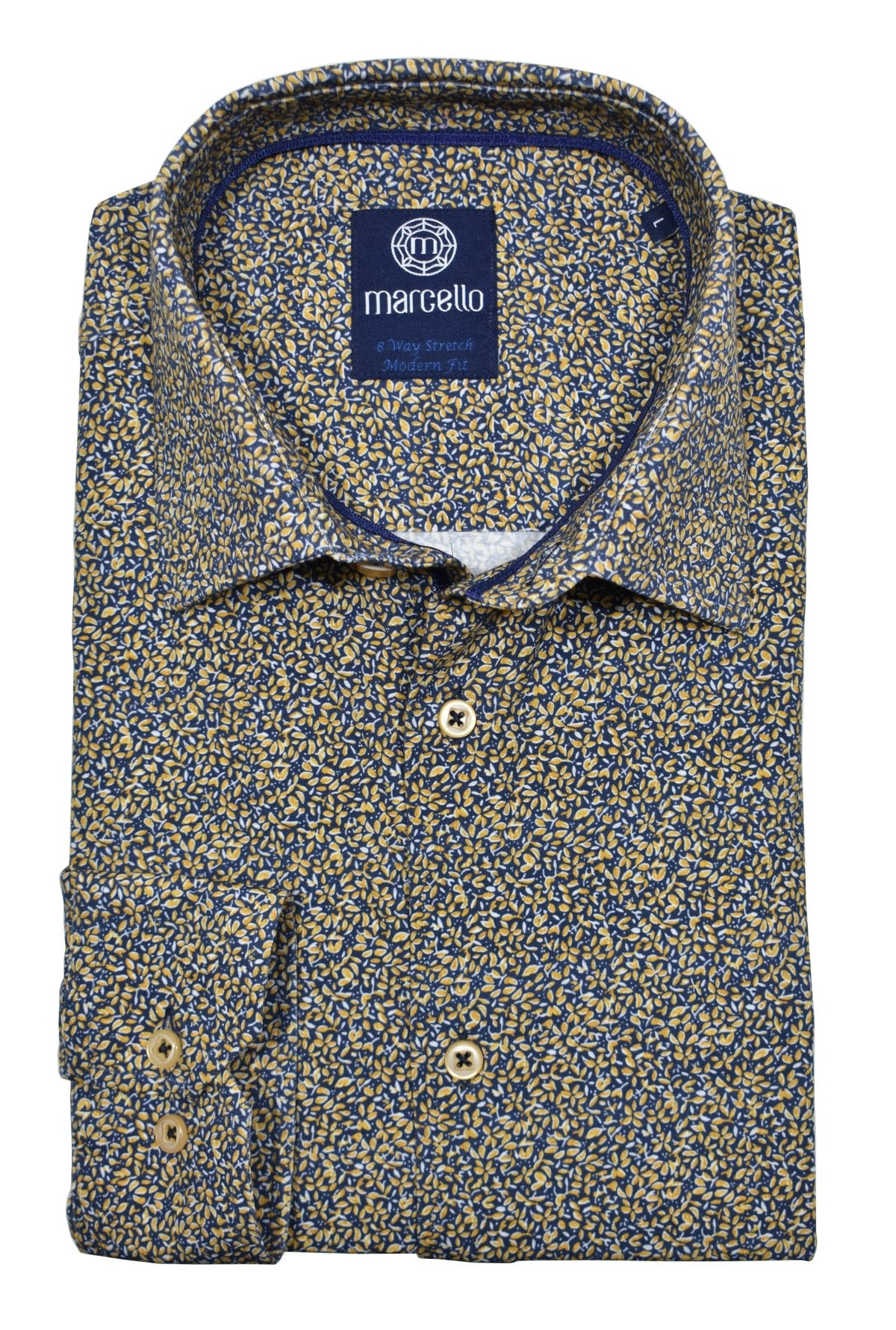 Experience ultimate comfort with Marcello's 8 Way Stretch Island Maize Floral shirt. Made with 92% cotton and 8% elastin, the soft and breathable fabric moves with your body for all-day comfort. Say goodbye to restrictions and hello to effortless style.