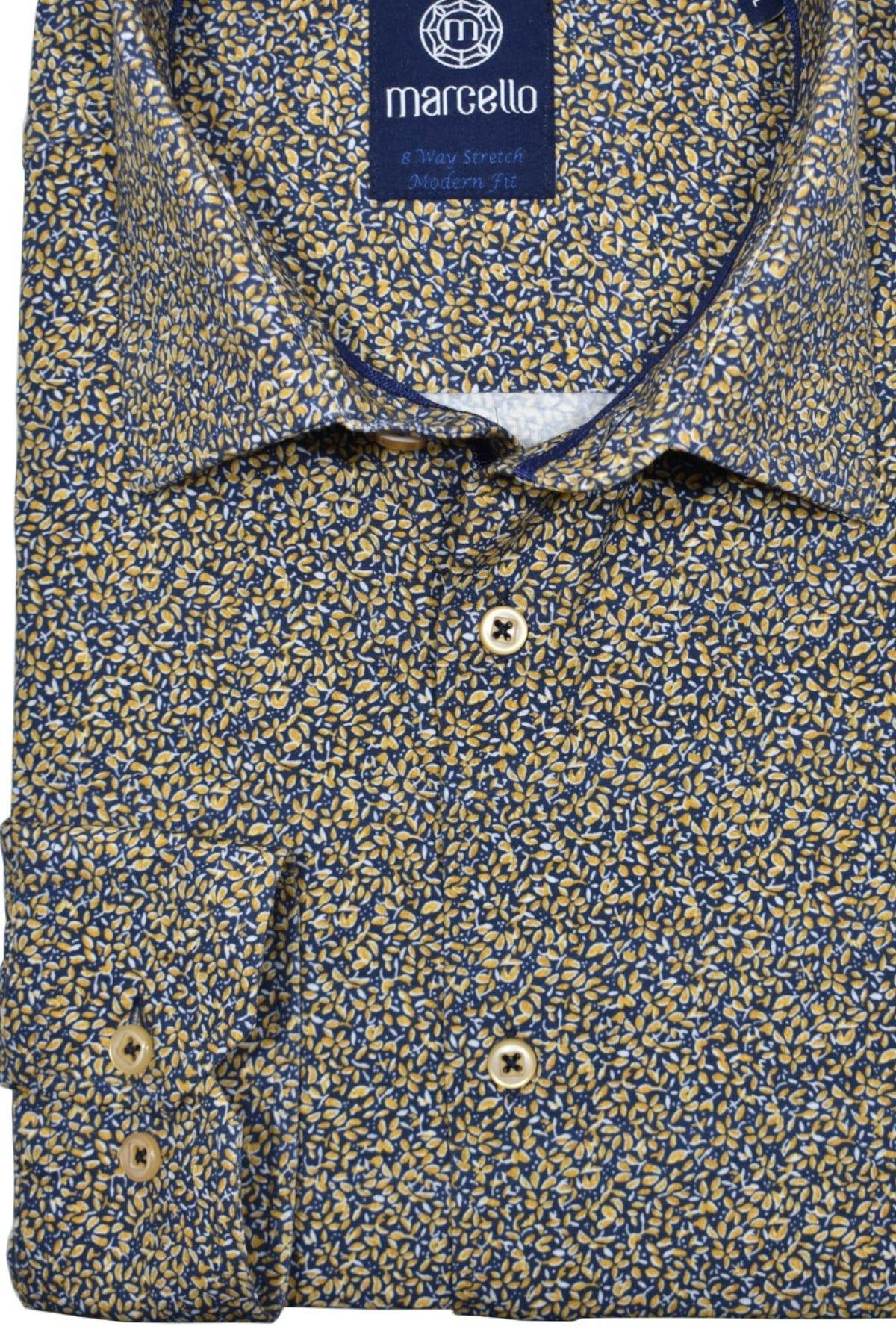 Experience ultimate comfort with Marcello's 8 Way Stretch Island Maize Floral shirt. Made with 92% cotton and 8% elastin, the soft and breathable fabric moves with your body for all-day comfort. Say goodbye to restrictions and hello to effortless style.