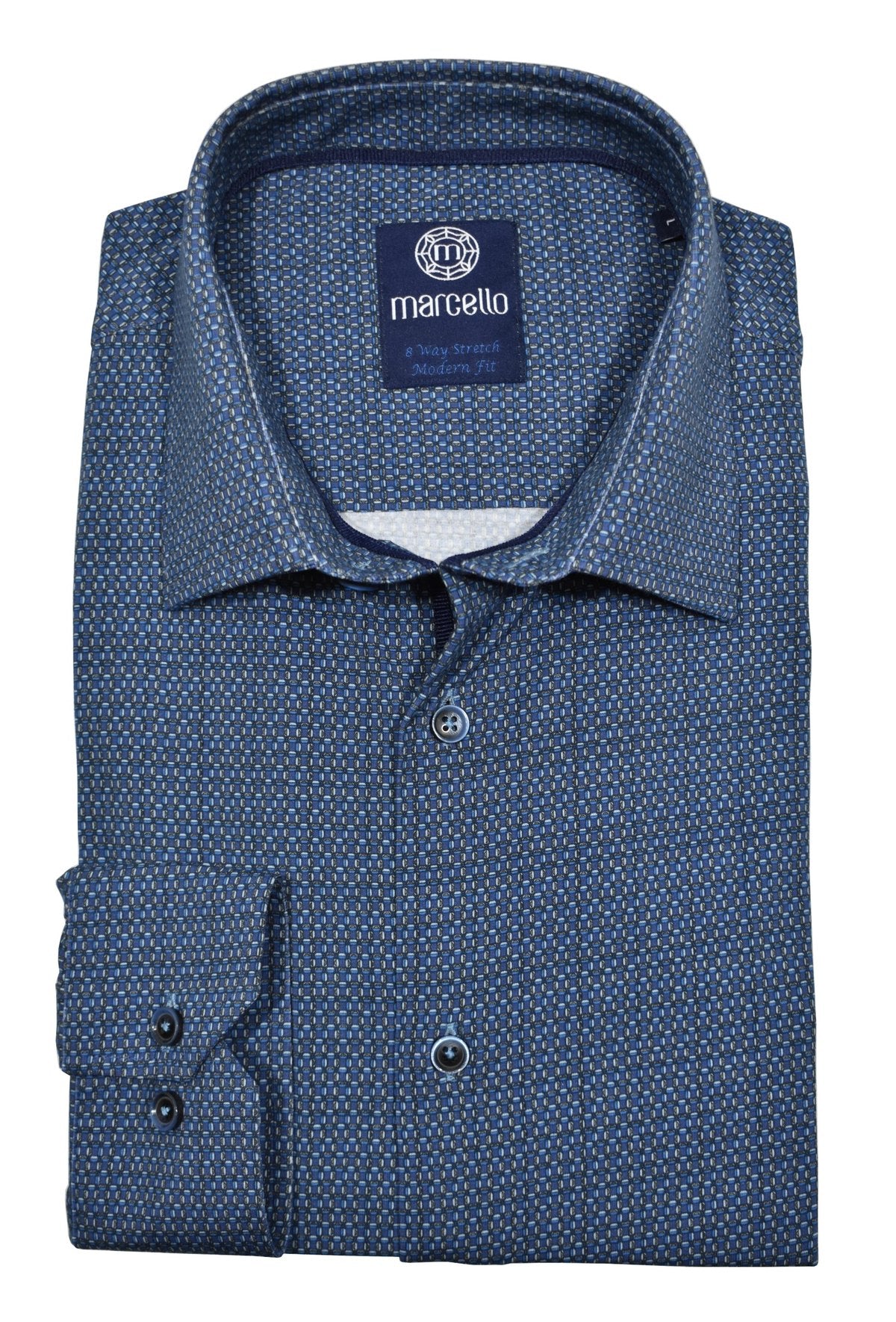 Experience ultimate comfort with Marcello's 8 Way Stretch Royal Block shirt. Made with 92% cotton and 8% elastin, the soft and breathable fabric moves with your body for all-day comfort. 