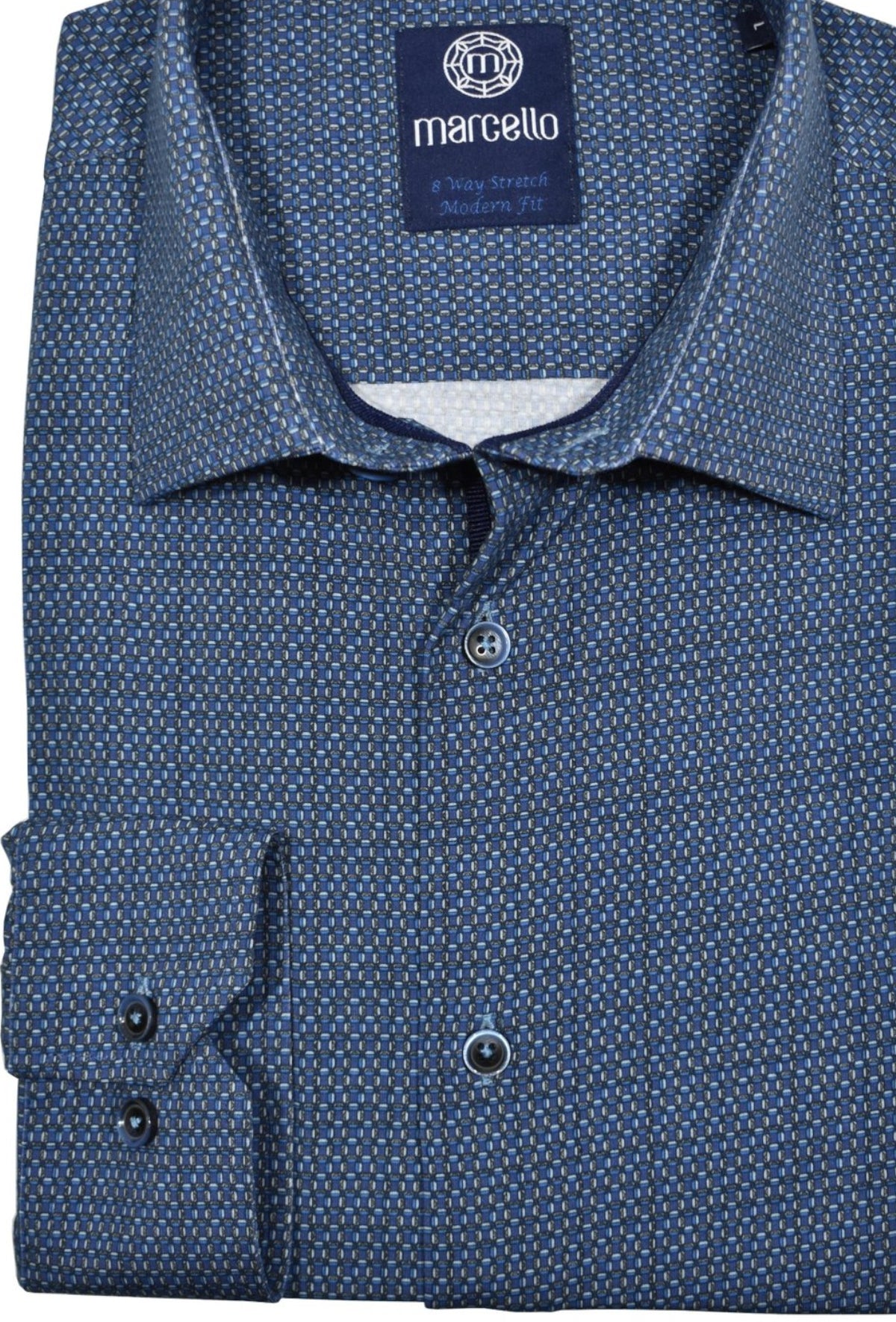 Experience ultimate comfort with Marcello's 8 Way Stretch Royal Block shirt. Made with 92% cotton and 8% elastin, the soft and breathable fabric moves with your body for all-day comfort. 