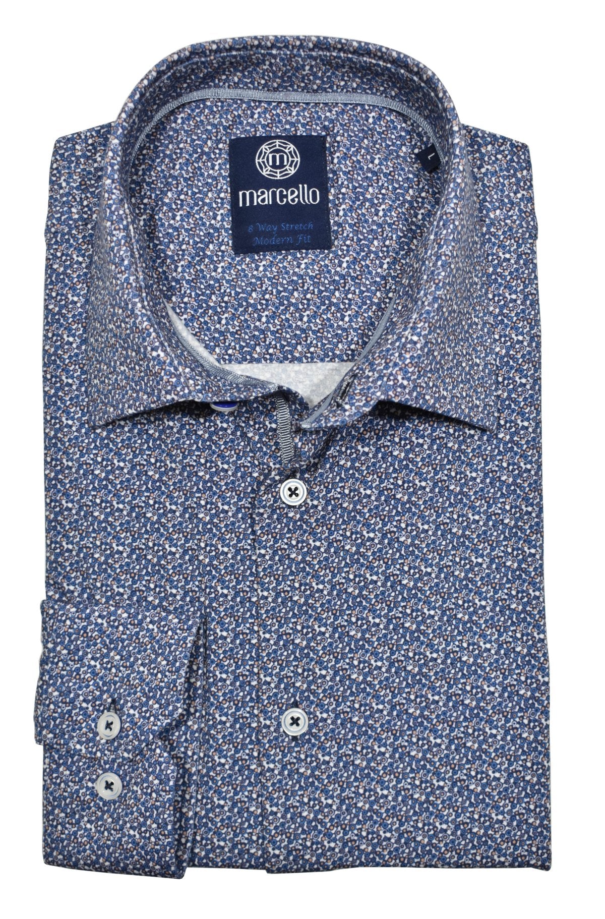 Experience ultimate comfort with Marcello's 8 Way Stretch Atlantic Abstract shirt. Made with 92% cotton and 8% elastin, the soft and breathable fabric moves with your body for all-day comfort.