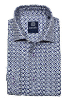 A classic abstract navy and medium blue pattern, on a rich white ground fabric, that is cotton rich with a hint of stretch for increased comfort. Stretch shirt by Marcello.