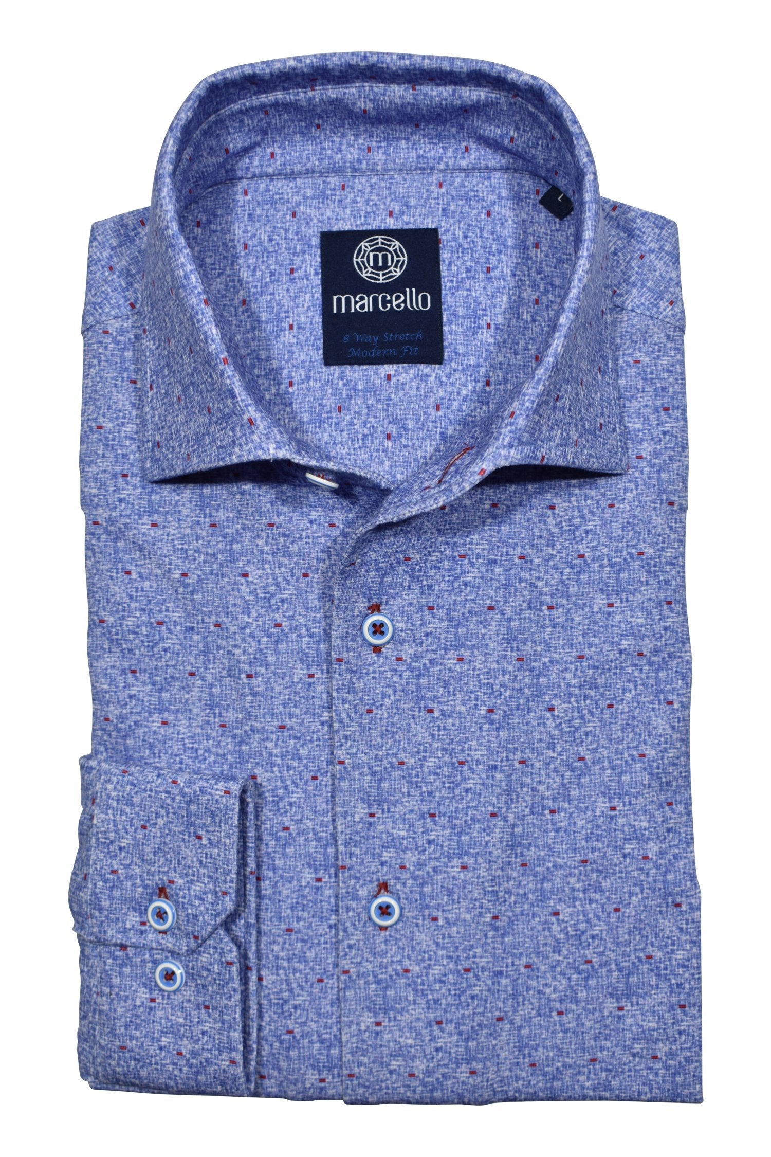 This finely printed pattern of medium blue colors with red accents is imagined on a cotton shirt with a hint of stretch for enhanced comfort. Shirt by Marcello.