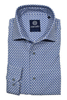 Crisp small paisley in shades of blue on comfortable stretch cotton fabric.  Shirt by Marcello