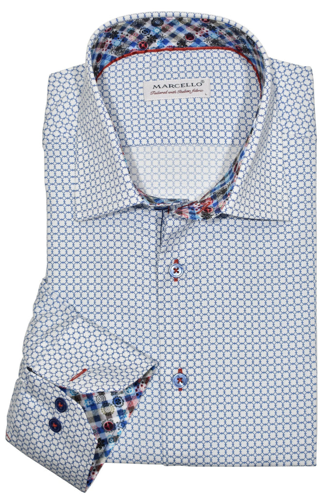 A captivating pattern of linked circles on a luxurious cotton royal oxford fabric. Contrast, two-toned, bold stitching along the button placket, under the arms, and side seams adds a modern, stylish look. Medium spread collar with fashionable trim fabric. Classic shaped fit.