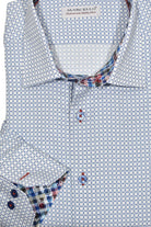 A captivating pattern of linked circles on a luxurious cotton royal oxford fabric. Contrast, two-toned, bold stitching along the button placket, under the arms, and side seams adds a modern, stylish look. Medium spread collar with fashionable trim fabric. Classic shaped fit.