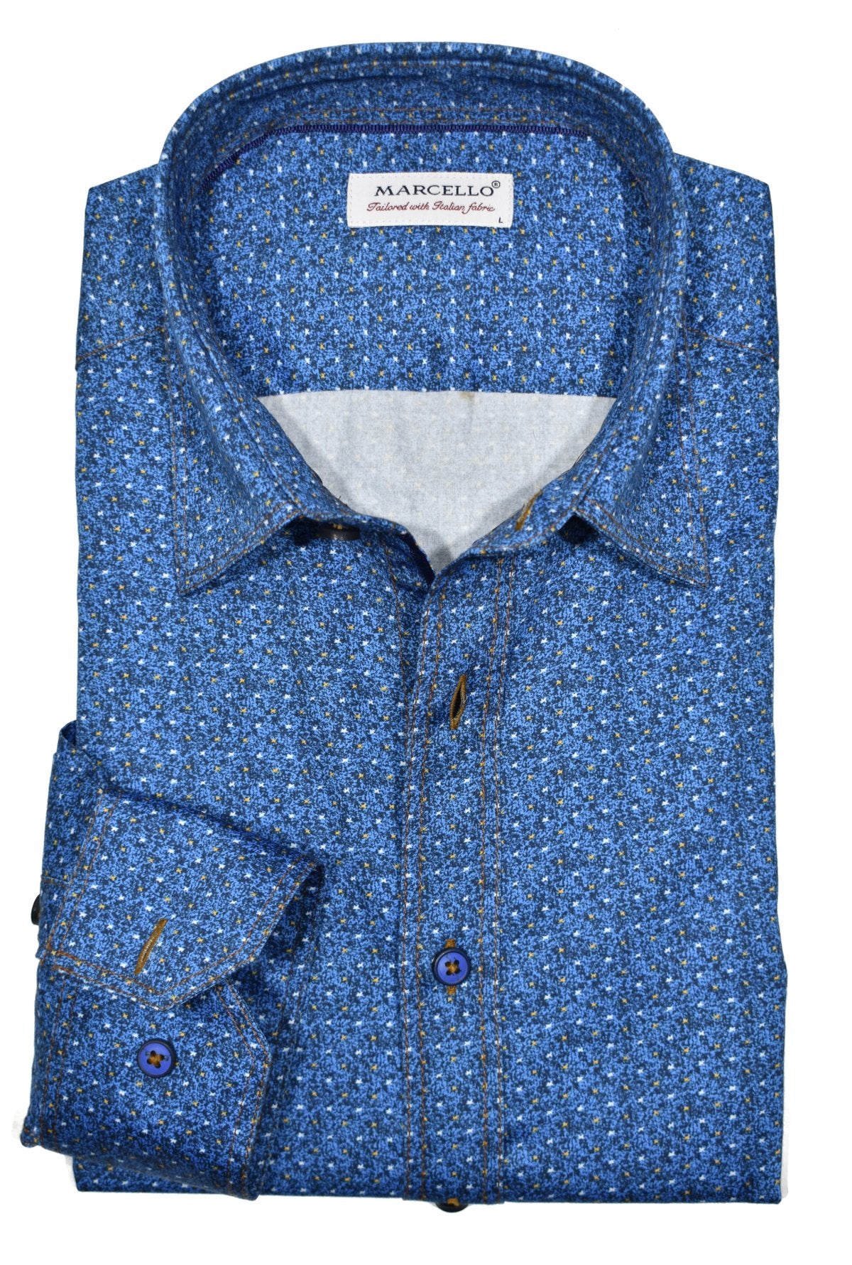 The Marcello Pacific Blue Shirt is made from soft cotton sateen fabric, creating a smooth and comfortable feel. Its abstract pattern evokes the calming depths of the ocean. Double track stitching and custom buttons add a touch of elegance, while the hidden button down collar adds a polished look