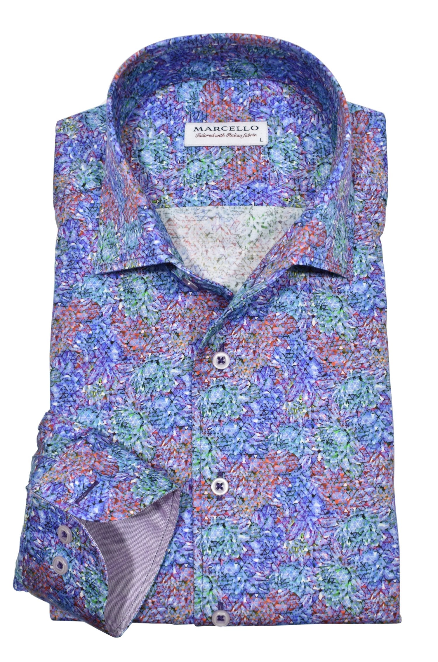 Elevate your style with the Marcello Multi Scope Roll Collar Shirt. Featuring a Marcello exclusive one piece roll collar, this multi geometric plum and blue patterned abstract shirt is accented with custom details. Exude style and sophistication with this must-have piece.