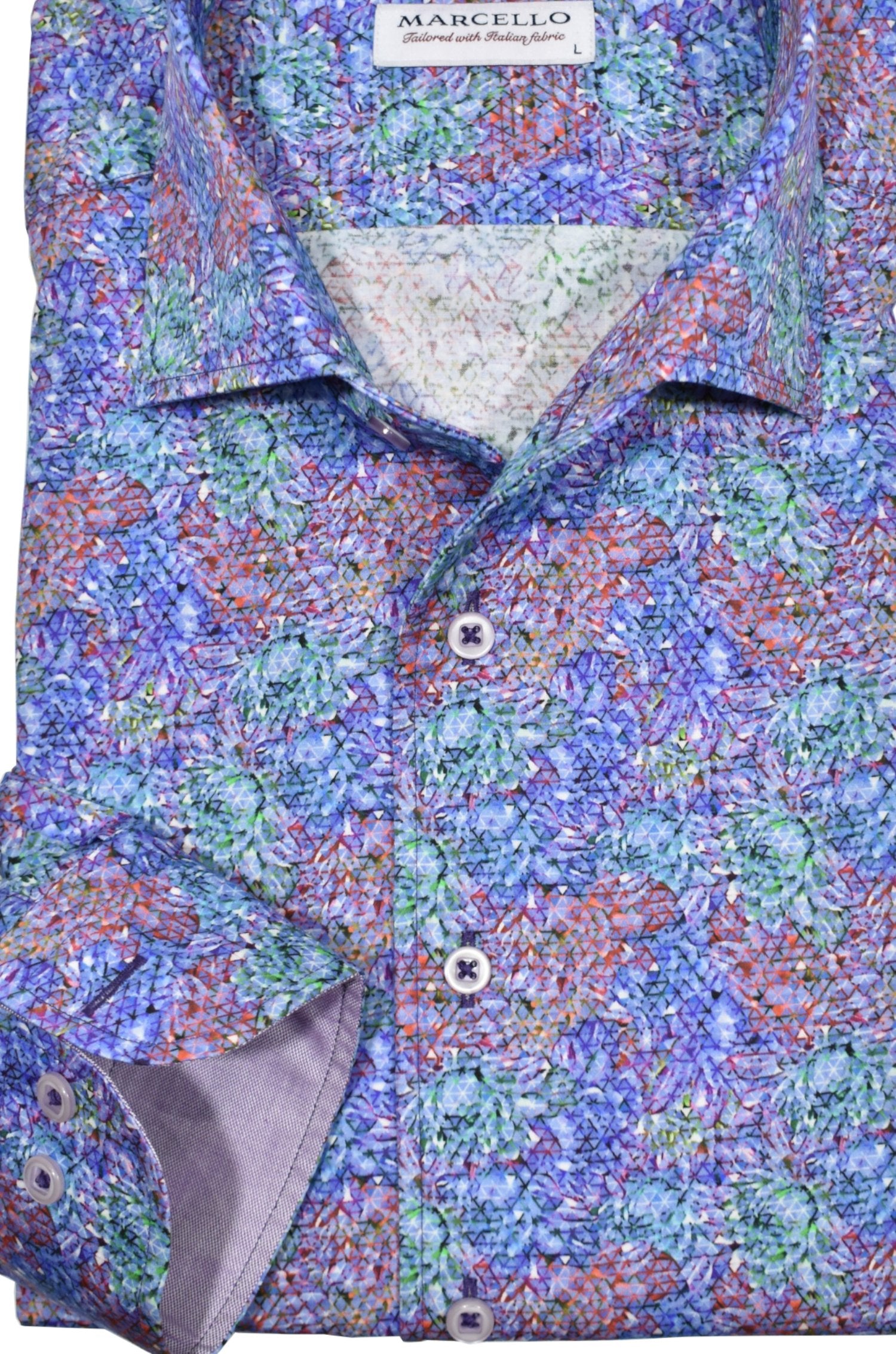 Elevate your style with the Marcello Multi Scope Roll Collar Shirt. Featuring a Marcello exclusive one piece roll collar, this multi geometric plum and blue patterned abstract shirt is accented with custom details. Exude style and sophistication with this must-have piece.