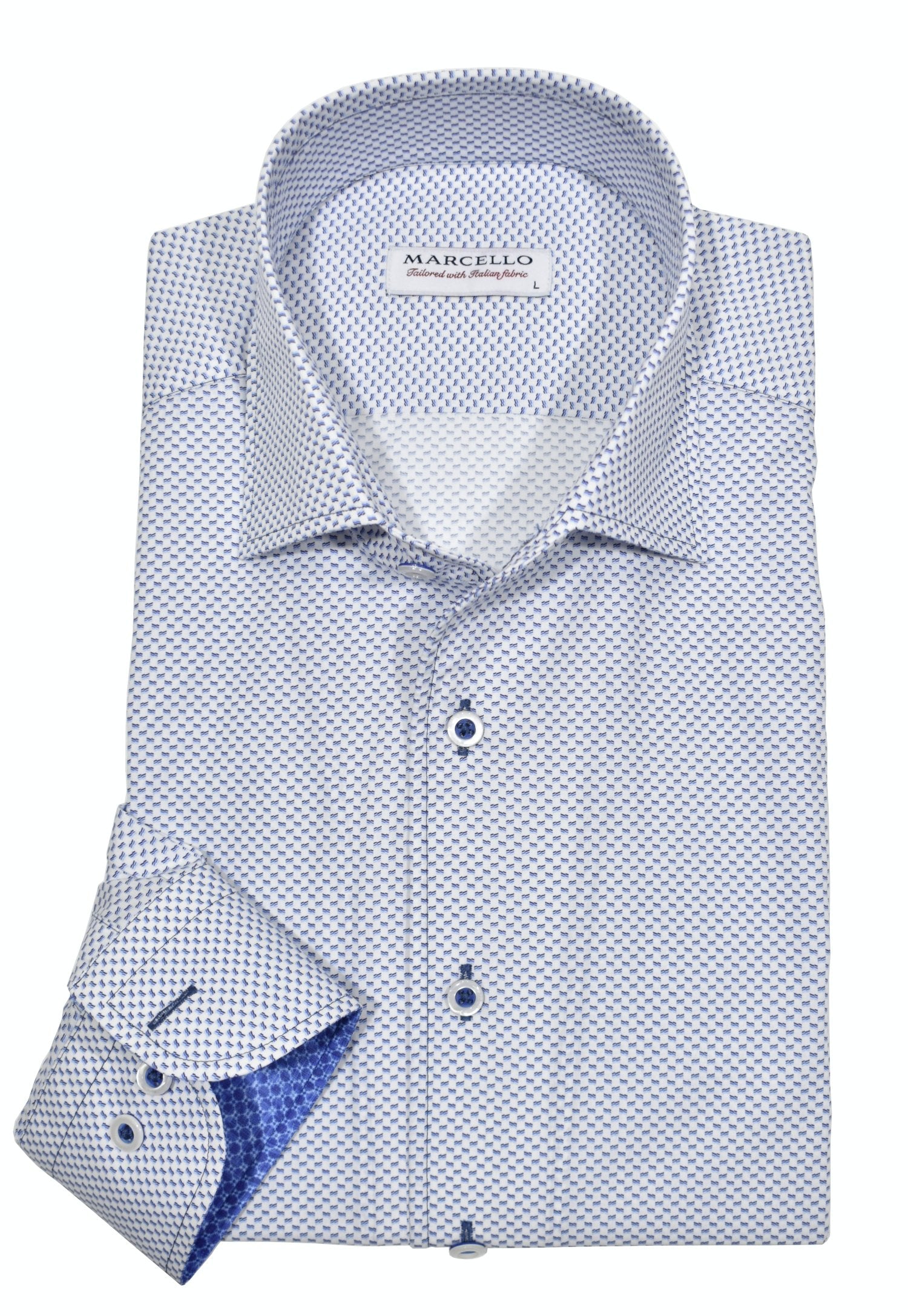 Rich. Elegant. A Must Have. Featuring a Marcello exclusive one piece roll collar, this medium blue and navy neat patterned shirt is classic in nature, but exudes a fashion sense. Fantastic worn alone with pant or jeans or excellent under a sport coat. By Marcello