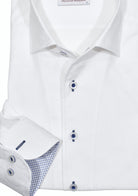 A white shirt never goes out of style. Add in a tonal paisley pattern to enhance the fashion. Featuring a Marcello exclusive one piece roll collar that stands perfectly and the upper placket doesn't curl. Fantastic worn alone with pant or jeans or excellent under a sport coat. By Marcello