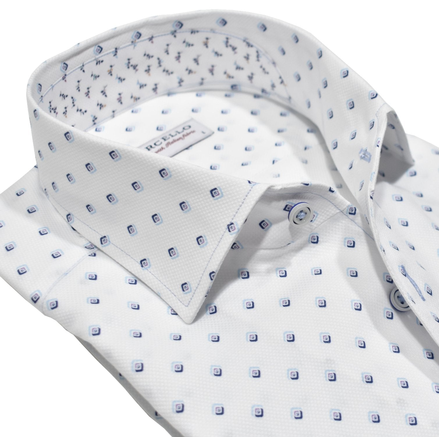 Upgrade your wardrobe with our Marcello Floating Diamond Roll Collar cotton shirt.