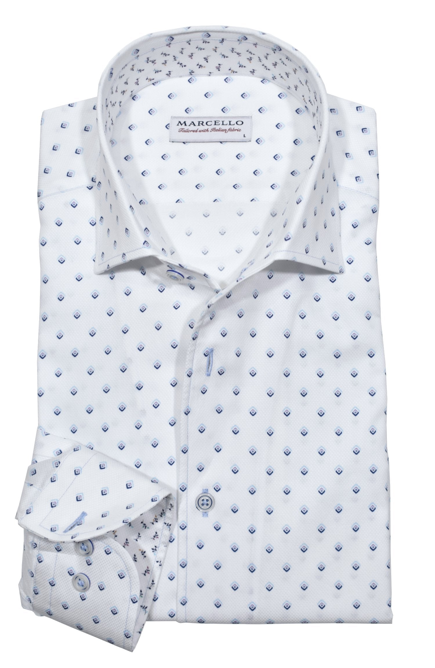 Upgrade your wardrobe with our Marcello Floating Diamond Roll Collar cotton shirt.