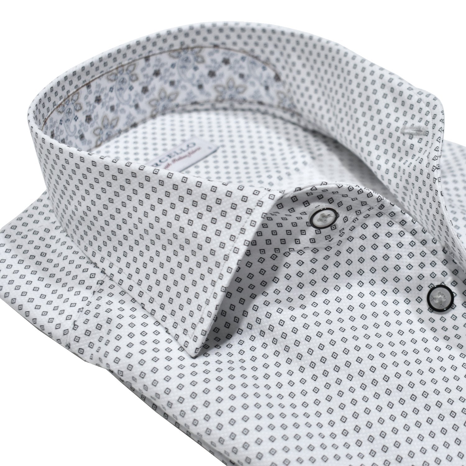 Discover refined style with the Marcello Square Medallion Roll Collar shirt. Made from soft white cotton, this sharp shirt features a sophisticated square medallion print in classic black and white.