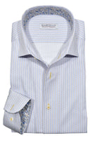 Upgrade your wardrobe with the Marcello Spring Check Roll Collar. Made from soft, high-quality cotton, this shirt features a unique soft blue and maize box geometric design on a classic white fabric. 