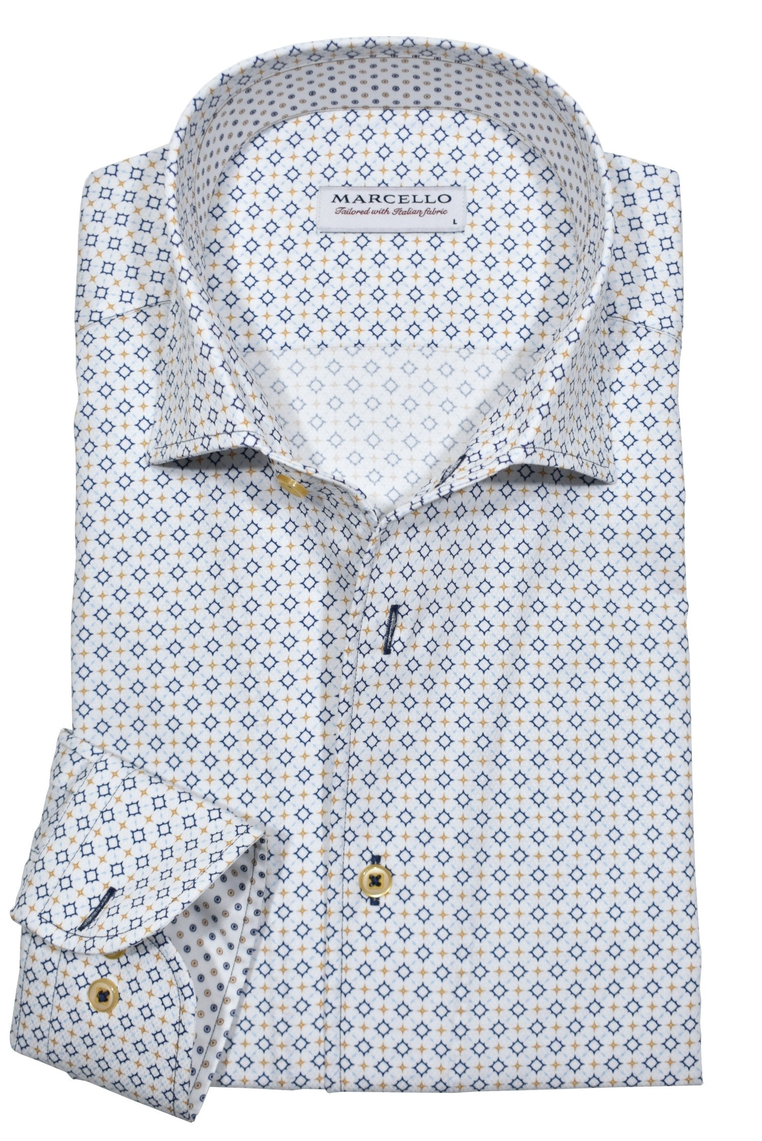 Wrap yourself in luxury with our Marcello Navy Sun Medallion Roll Collar shirt. Made of soft cotton, its updated open medallion pattern in classic navy and gold colors will elevate any look