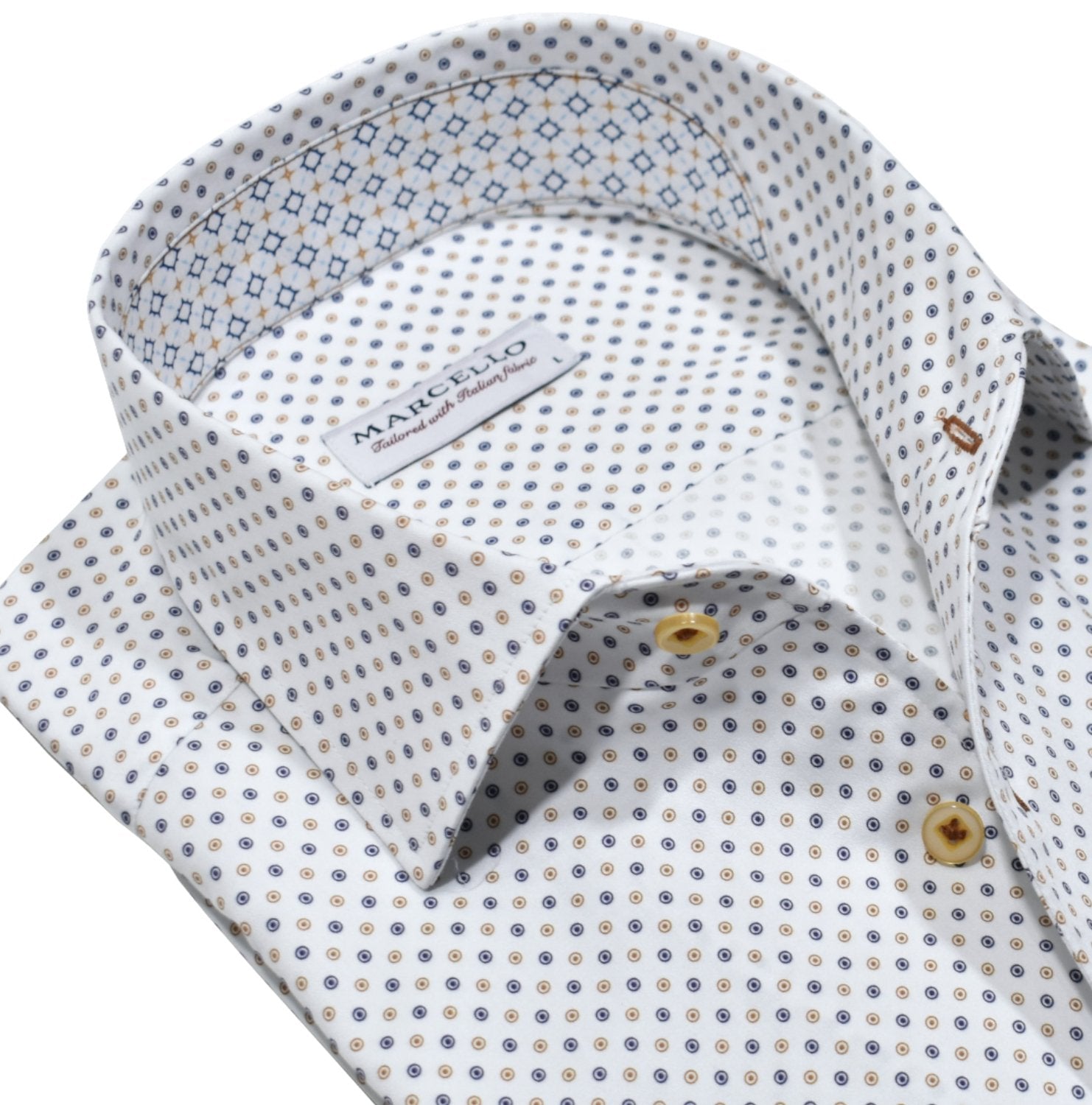 Elevate your style with our Marcello Island Neat Roll Collar Shirt. This classic white shirt boasts a unique circular pattern in medium tan and navy accents, adding a touch of sophistication to your wardrobe.